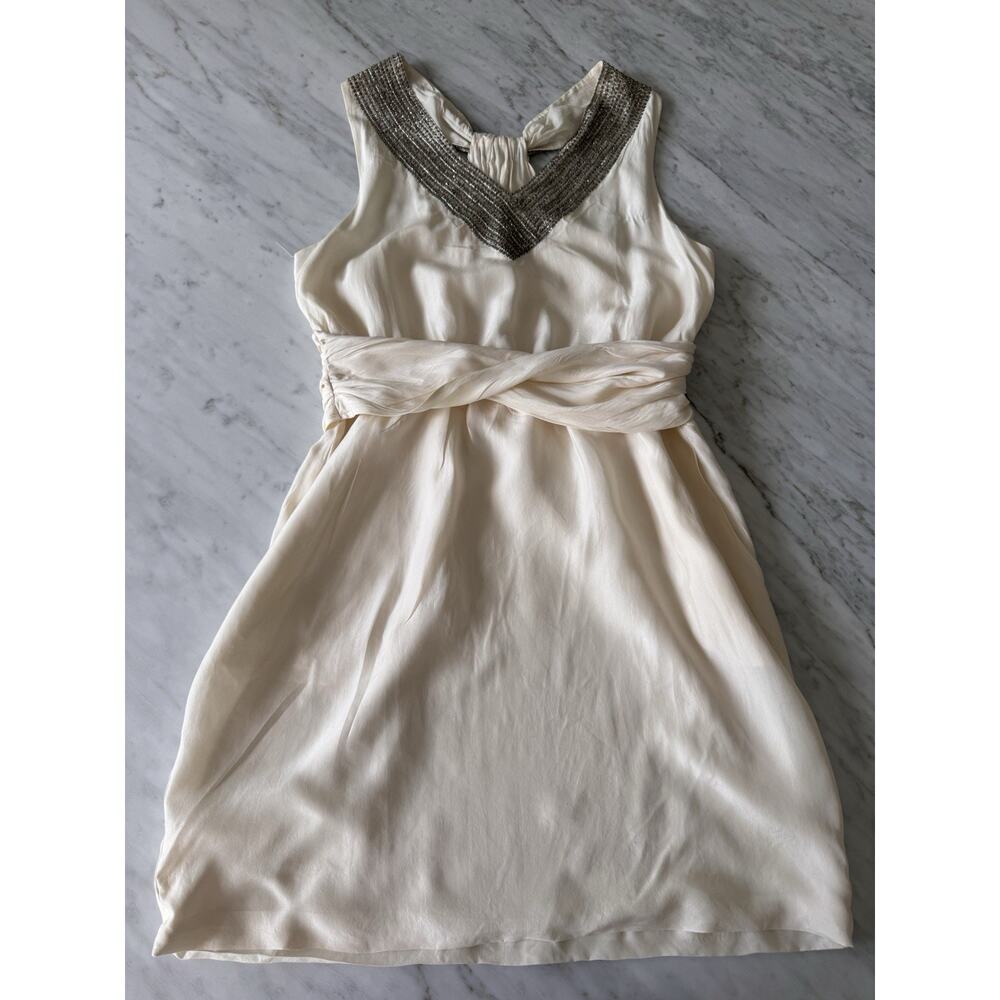 Theory Richiae Sz 8 100% Silk Ivory Bubble Hem Beaded Racerback Cocktail Dress